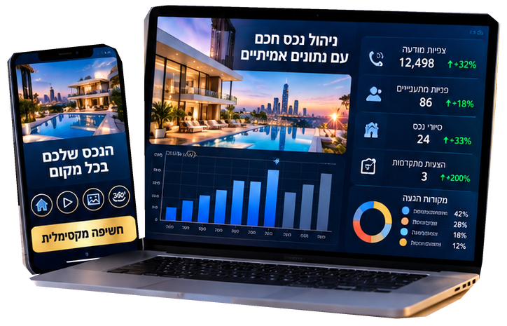 מחשב נייד וטלפון המציגים שיווק נכס, מתוך הפלייר של רוי מגירה